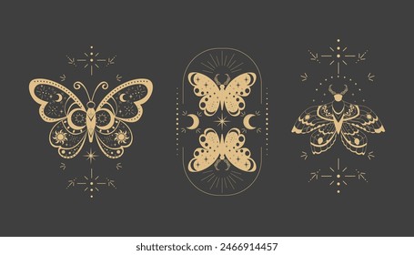 Magic sacred decoration cover, esoteric frame tattoo gold line border celelstial mystery esoteric decoration with moth or butterfly, sun, stars and moon on dark background.