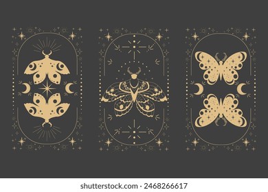 Magic sacred decoration cover, esoteric frame tattoo gold line border celelstial mystery esoteric decoration with moth or butterfly, sun, stars and moon on dark background.