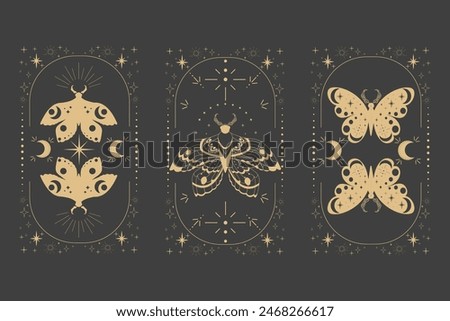 Magic sacred decoration cover, esoteric frame tattoo gold line border celelstial mystery esoteric decoration with moth or butterfly, sun, stars and moon on dark background.