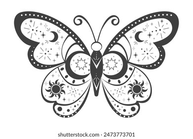 Magic sacred decoration esoteric tattoo moth or butterfly dark line, border celelstial mystery esoteric decoration with moth or butterfly, sun, stars and moon on white background.