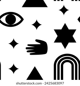 Magic sacred symbols seamless pattern. Flat style elements. Vector design background. Paper, package, textile, etc.