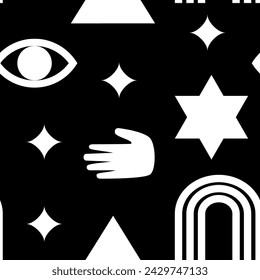 Magic sacred symbols seamless pattern. Flat style elements. Vector design background. Paper, package, textile, etc.