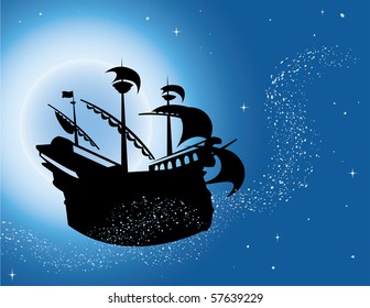 Magic sailing vessel silhouette in night sky