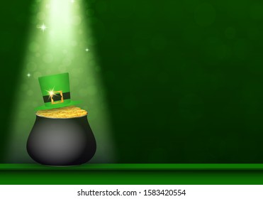 Magic Saint Patricks Day background with bokeh, sparkle effect. Black cauldron with gold coins in spotlight, on a green table. Goblin hat on top of the money pile.