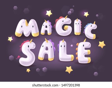 Magic Sale. Kawaii unicorn letters on a dark background. Invitation card for days sales