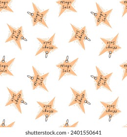 Magic Sale offer seamless pattern with stars  and text. Sale vector background. Promo cute multicolor special offer decor, wrapping paper, banner.
