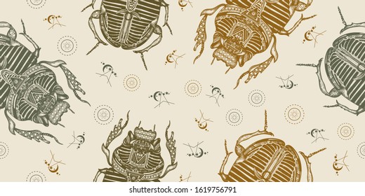 Magic scarab, ancient Egypt mythology. Esoteric seamless pattern. Packing old paper, scrapbooking style. Vintage background. Medieval manuscript, engraving art. Egyptian scarab symbol of pharaoh, sun