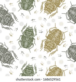 Magic scarab, ancient Egypt mythology. Esoteric seamless pattern. Packing old paper, scrapbooking style. Vintage background. Medieval manuscript, engraving art. Egyptian scarab symbol of pharaoh, sun 