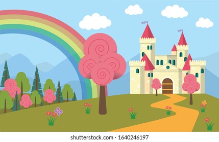 Magic Scenery. Cute Wonderland. Pink Funny Trees and Path Leading to Castle. Fairy Tale Landscape. Flowers, Butterflies and White Fluffy Clouds in Blue Skies. Magic Rainbow in Background.