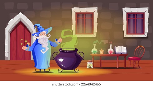 Magic school alchemist wizard magician laboratory castle concept. Vector cartoon graphic design element illustration