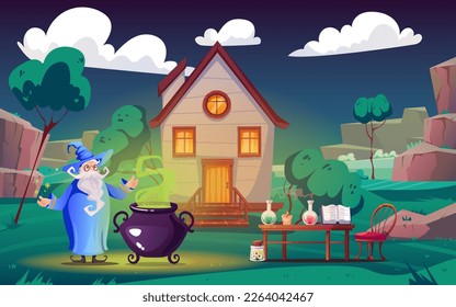 Magic school alchemist wizard magician laboratory castle concept. Vector cartoon graphic design element illustration