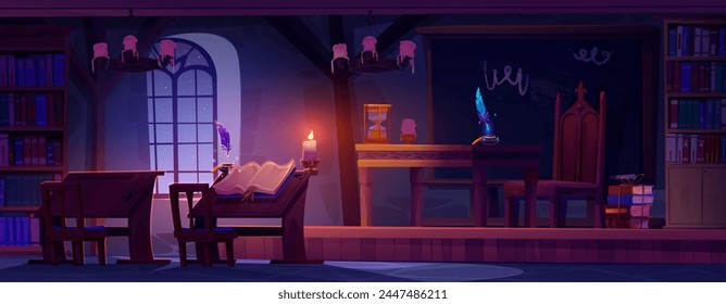 Magic school classroom interior at night. Vector cartoon illustration of dark room with old wooden desks and chairs, ancient books on shelves, blackboard on wall, candle light, starry sky in window