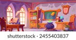 Magic school classroom interior. Vector cartoon illustration of room with old wooden bookcase, vintage desk and chair, ancient spell book and feather in air, green potion boiling in cauldron, candle
