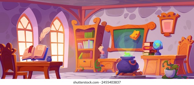 Magic school classroom interior. Vector cartoon illustration of room with old wooden bookcase, vintage desk and chair, ancient spell book and feather in air, green potion boiling in cauldron, candle