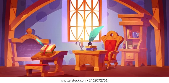 Magic school classroom interior with wooden furniture and studying elements. Cute cartoon vector wizard education room with teacher and student desk with book and feather, bookcase and blackboard.