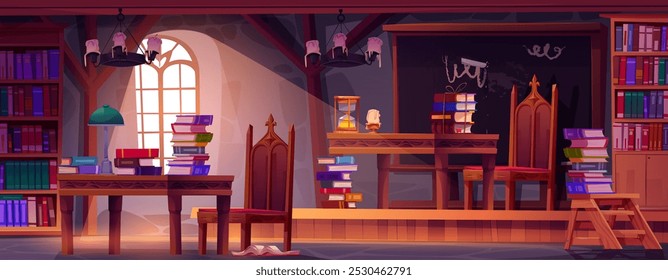 Magic school classroom with old books. Vector cartoon illustration of medieval university room with ancient wooden tables and chairs, blackboard, literature on shelves, candles, daylight in window