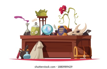 Magic school composition with cartoon style view of wooden table with potion jars skulls and book vector illustration