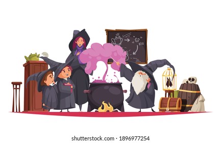 Magic school composition with cartoon style characters of students and teacher performing alchemy experiments in class vector illustration