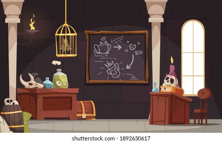 Magic school composition with indoor interior view of fantasy class with skulls candles and potion jars vector illustration