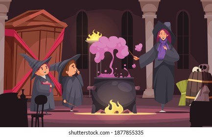 Magic school composition with indoor scenery and female teacher brewing potion with purple smoke and pupils vector illustration