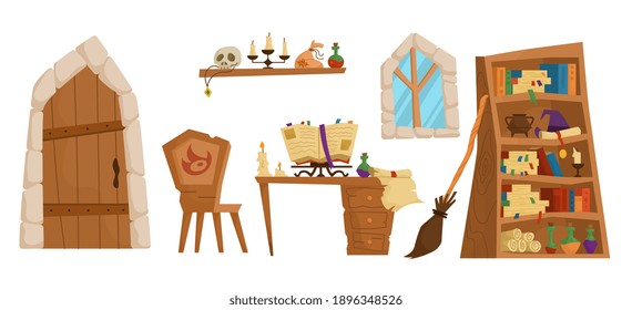 Magic school concept. Classroom interior with open spell book and paper scroll, burning candles, witches broom and potion jars. Bookcase with magic books and flasks. Flat cartoon vector illustration