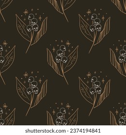 Magic School Dark Academia Symbol Sculls Horror Flowers Human Head Horror Plant Line Art Seamless Pattern