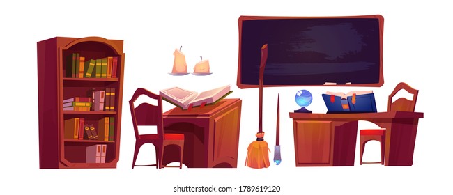 Magic school interior with open book of spell, chalkboard and bookcase. Vector cartoon set of furniture in wizard or witch room, broom, candles and magician wand