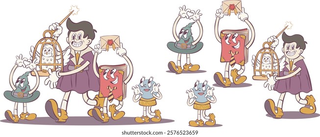 Magic school items funny characters in retro groovy style
