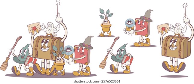 Magic school items funny characters in retro groovy style