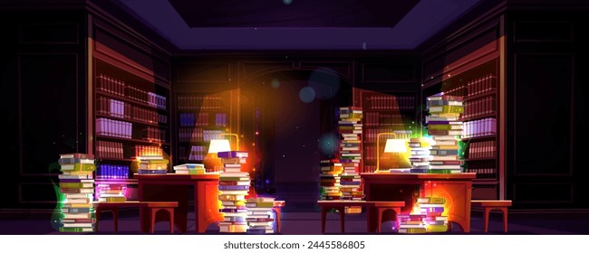 Magic school library room interior with fantasy wizard book on bookcase. Mystery fairytale classroom to study spell with literature. Vintage underground dungeon drawing with secret script glow