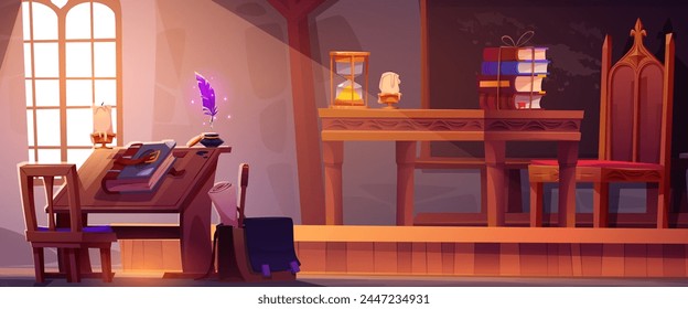 Magic school room with book cartoon background. Classroom or library interior in castle. Medieval fairy tail class to study sorcery spell and wizardry. Ancient teacher table in magician campus inside