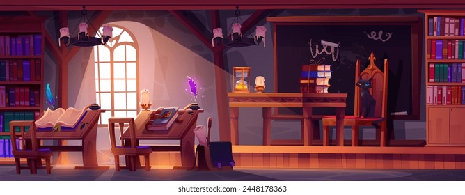 Interior de la sala de la escuela de magia para el estudio de brujas y mago. Aula medieval de Vector de dibujos animados con muebles y equipos: escritorio y silla, pizarra y libros, tinta con pluma, profesor de gato negro.