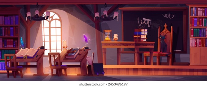 Magic school room interior for wizard and witch study. Cartoon vector medieval classroom with furniture and equipment - desk and chair, chalkboard and books, ink with feather, black cat teacher.