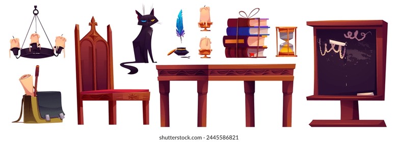 Magic school room with wizard book cartoon game. Halloween medieval magician castle interior object set. Fantasy desk, chair and chalkboard. Black cat, candle and mystery feather staff for spell