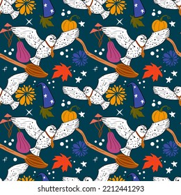 Magic school seamless pattern with owl, broom, hat, pumpkins. Halloween, autumn concept.
