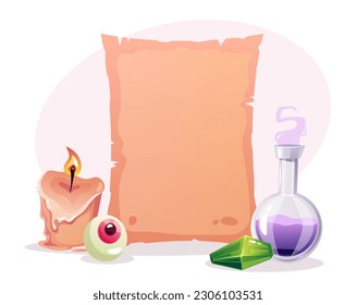 Magic scroll book parchment witch magician papyrus concept. Vector graphic design illustration