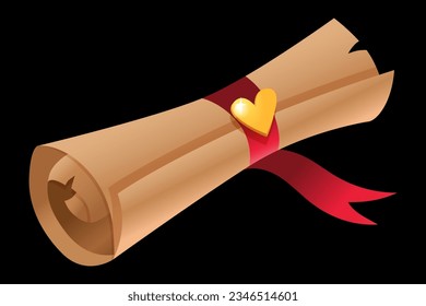 Magic scroll. Gold love heart with ribbon. Paper page. Witch parchment roll. Medieval document. Romantic letter. Witchcraft icon. Ragged papyrus sheet. Vector magical manuscript element