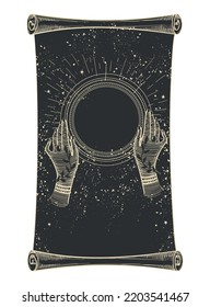 Magic scroll for halloween, hands hold a crystal ball of predictions. Black sheet of paper with a pattern isolated on a white background. Vector hand drawing illustration for a witch.