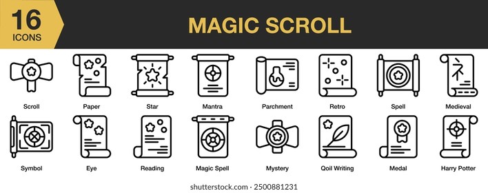 Magic Scroll icon set. Includes eye, harry potter, magic spell, mystery, retro, reading, and More. Outline icons vector collection.