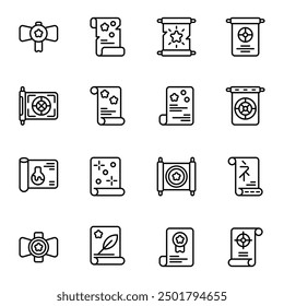 Magic Scroll icon set. Includes eye, harry potter, magic spell, mystery, retro, reading, and More. Outline icons vector collection.