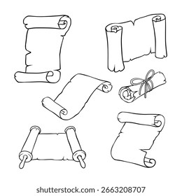 magic scroll vector set collection with line art drawing illustration