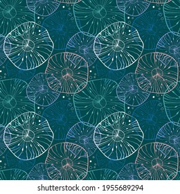 Magic sea seamless vector pattern with abstract floral jellyfish. 