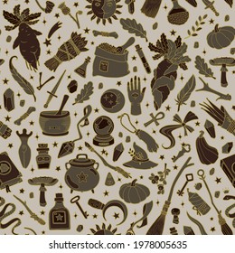Magic seamless background. Alchemy item pattern. Occult, Wicca and Shamanism. 