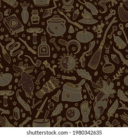 Magic seamless background. Alchemy item pattern. Occult, Wicca and Shamanism. 