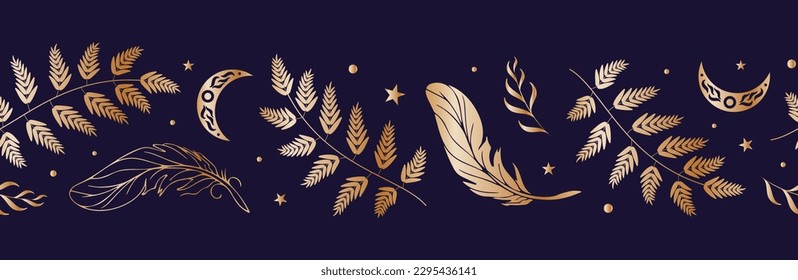 Magic seamless border. Moon, ferns, summer grasses, golden feathers, night sky, stars. Vector illustration. Halloween, witchcraft, astrology, mysticism. For wallpaper, fabric, wrapping, background