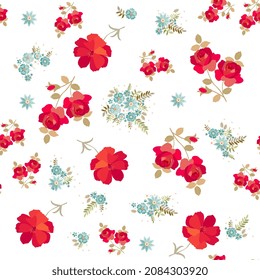 Magic seamless ornament with bright red roses and cosmos flowers and graceful embroidered bouquets of pale blue flowers on white background. Retro style fabric print