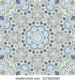 Ornamento mágico sin fisuras de la composición de formas simples de geometría. Diseño étnico oriental. Impresión de mosaico. Fondo de elementos pequeños. Patrón de retracción vectorial.
