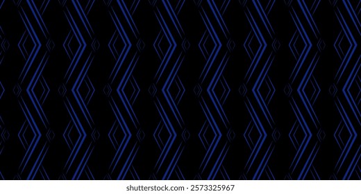 Magic seamless ornamental geometric seamless linear pattern. Dark blue sharp rays on black background. Vector monochrome ornament of rhombuses. Strict ethnic background for wallpaper, textile, etc.