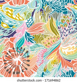 Magic seamless pattern with abstract flowers and feathers. Endless background. Ethnic seamless pattern. Vector backdrop. Summer template. Use for wallpaper,pattern fills, web page background.