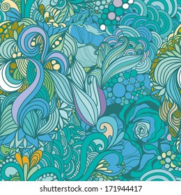 Magic seamless pattern with abstract flowers and feathers. Endless background. Ethnic seamless pattern. Vector backdrop. Summer template. 